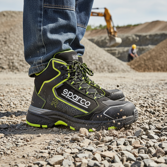 Scarpa antinfortunistica Sparco Allroad Motegi indossata su terreno di cantiere