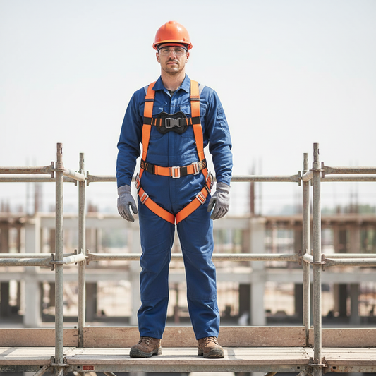 Operaio con imbracatura di sicurezza Kapriol Gamma 2 indossata in cantiere per lavori in quota
