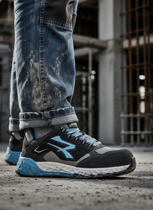 Scarpa antinfortunistica U-Power ARYA indossata su cantiere edile, suola HRO antiscivolo in primo piano
