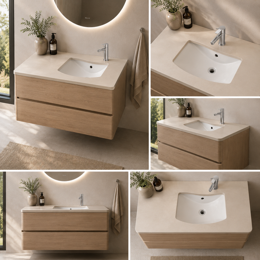 Top tecnico in resina color sabbia 50x130 montato su mobile bagno in legno con rubinetteria cromata