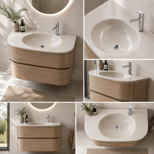 Lavabo ovale tortora installato su mobile bagno classico con rubinetteria da piano