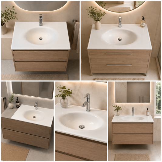 Top in cristallo color sabbia installato su mobile bagno – esempio di posa in ambiente
