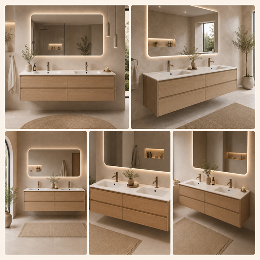 Top doppia vasca in tecnico installato in bagno moderno con doppio lavabo bianco opaco