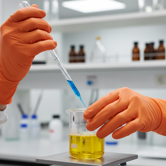 Operatore con guanti monouso nitrile KAPRIOL in laboratorio chimico protezione rischi biologici