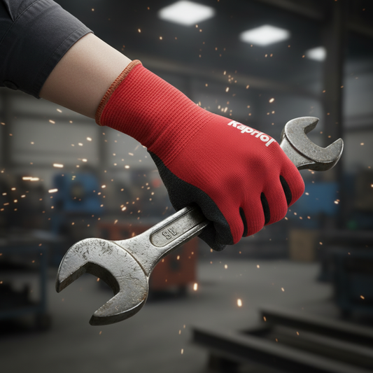 Guanti Kapriol Easy Grip indossati durante lavori di manutenzione con chiave inglese