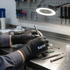 Operatore che indossa guanti Kapriol Skin durante operazione di precisione professionale
