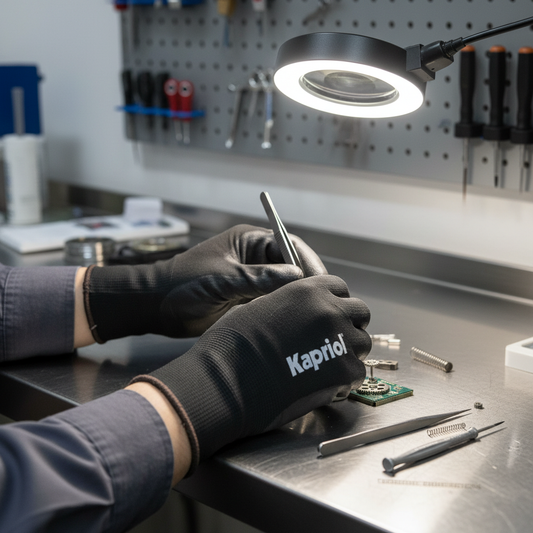 Operatore che indossa guanti Kapriol Skin durante operazione di precisione professionale