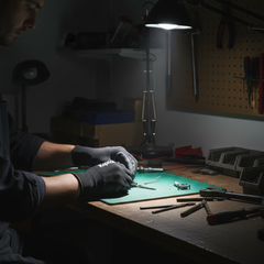 Mani con guanti da lavoro Kapriol Skin durante lavorazione di precisione in officina