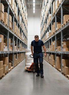 Lavoratore con pantaloni Sparco Jeans Denim in magazzino logistico tra scaffalature industriali