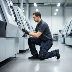 Tecnico in ginocchio con Sparco Jeans Denim durante intervento di manutenzione in impianto industriale