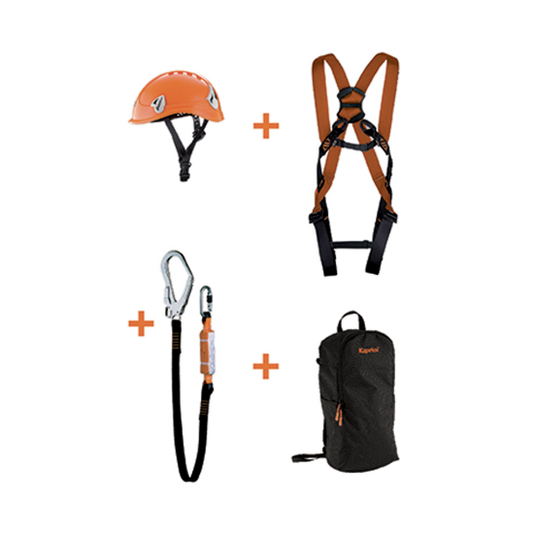 Kapriol Kit Anticaduta per Ponteggio con casco Airkap, imbracatura Basic Duo, fettuccia anticaduta con dissipatore e zaino 