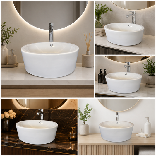 Lavabo da appoggio in ceramica installato su mobile bagno con rubinetteria
