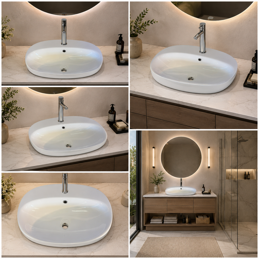 Lavandino da appoggio ovale installato su mobile bagno moderno