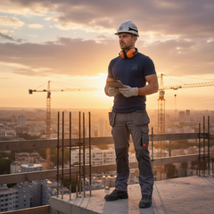 Operaio edile con t-shirt da lavoro manica corta Kapriol Enjoy in cantiere al tramonto