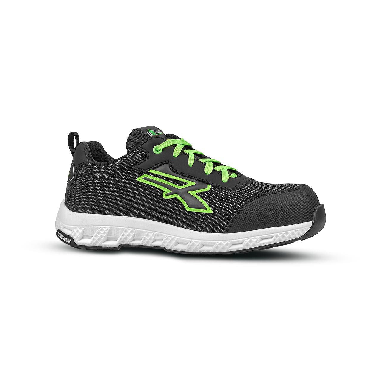 Scarpa da lavoro U-Power Mitch S3S nera con lacci verdi, vista laterale