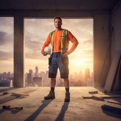 Operaio edile con pantaloncino da lavoro Kapriol Slick in cantiere al tramonto