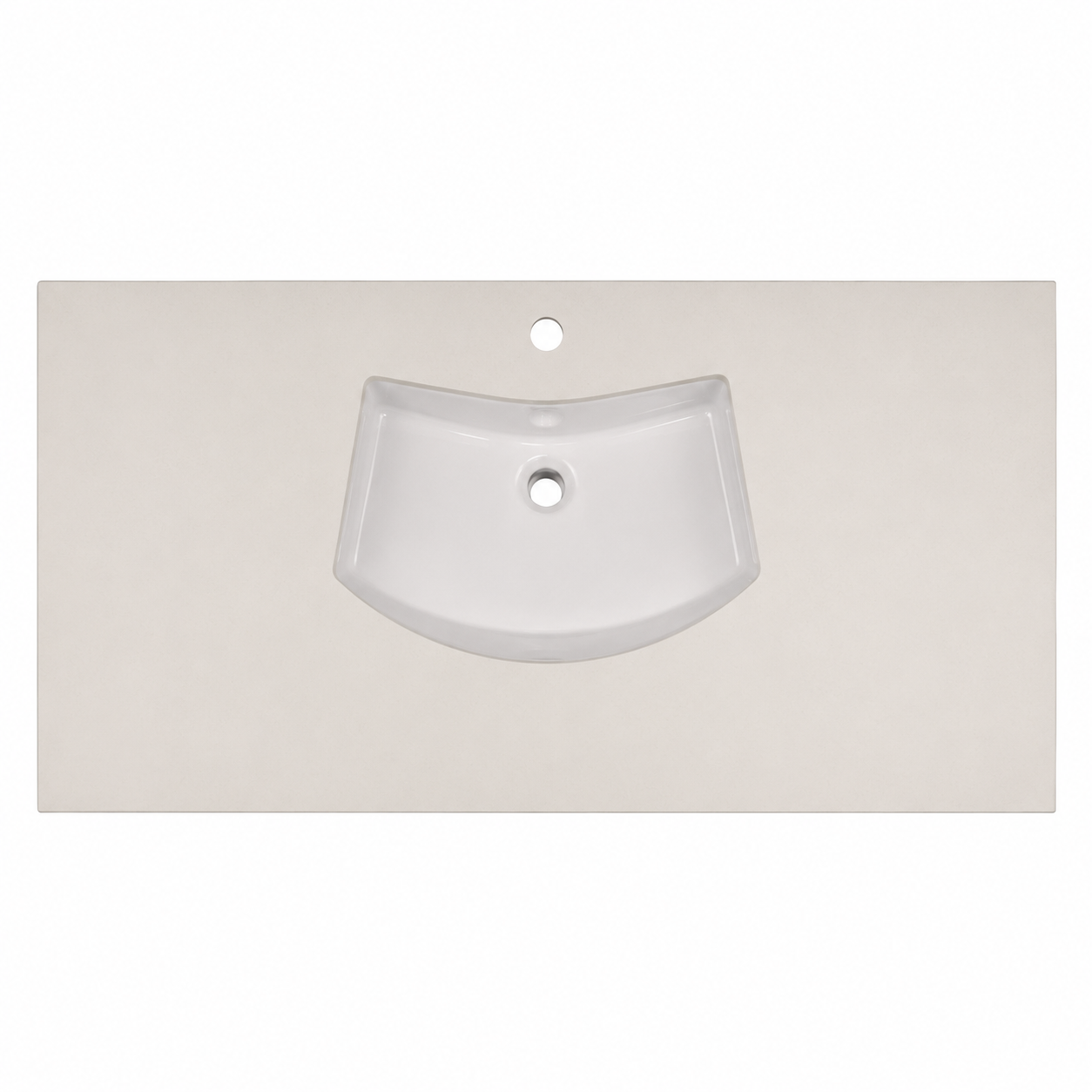 Top tecnico in resina bianca con lavabo sottopiano integrato, misura 50x130 cm, su sfondo neutro