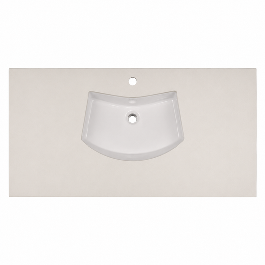 Top tecnico in resina bianca con lavabo sottopiano integrato, misura 50x130 cm, su sfondo neutro