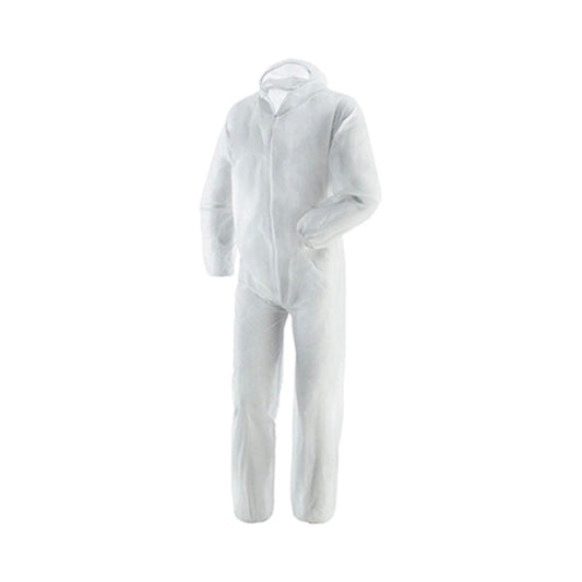 Tuta monouso Kapriol One Way bianca con cappuccio e zip frontale su sfondo bianco