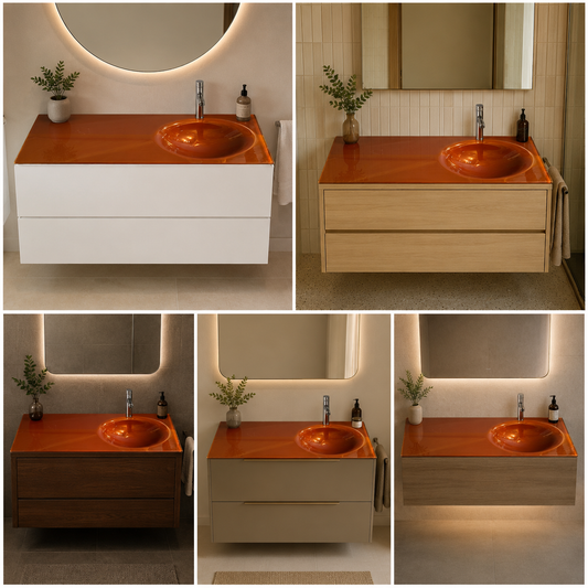 Top lavabo in cristallo marrone installato su mobile bagno moderno con specchio